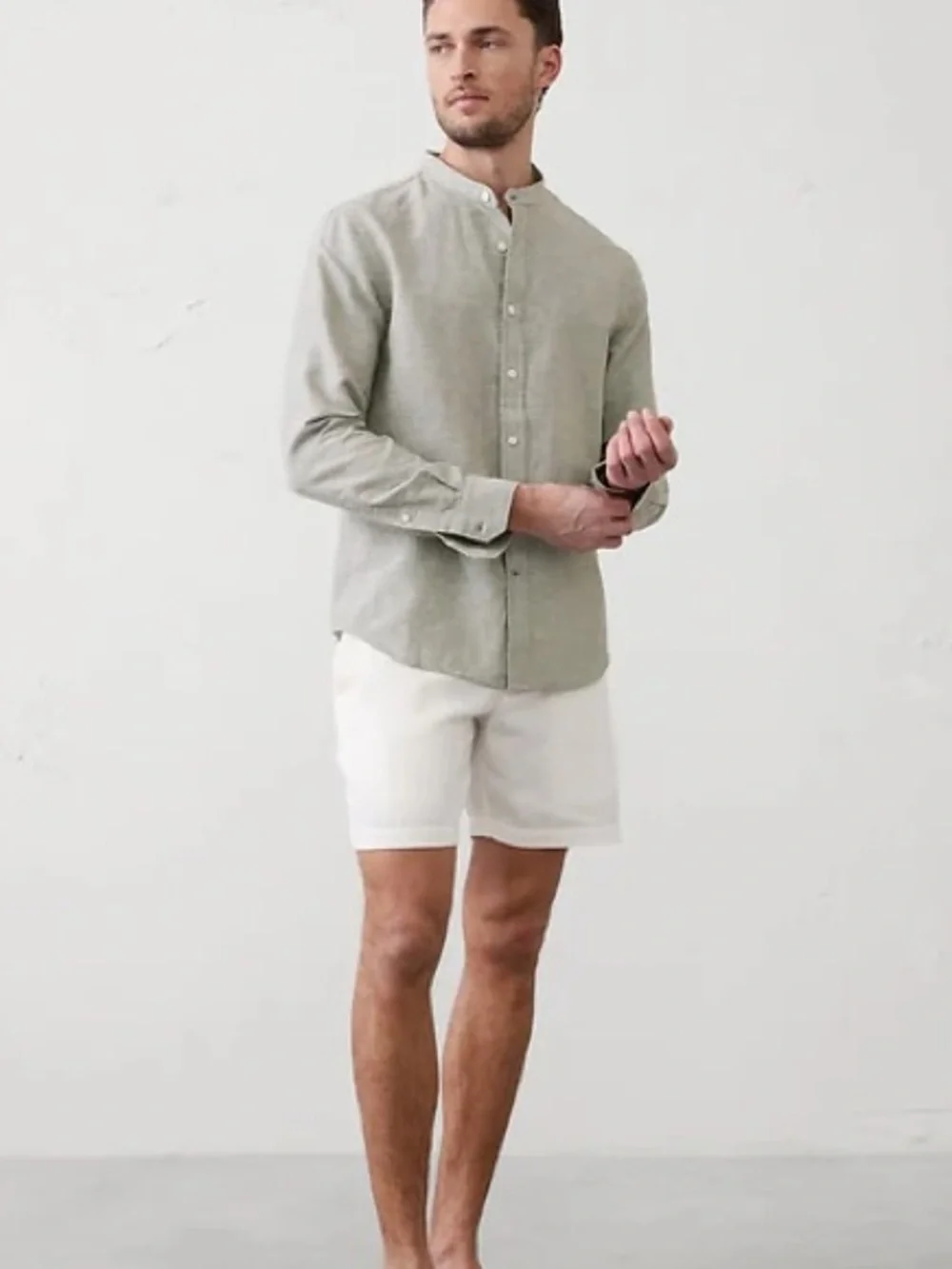 Banana Republic Slim-Fit Linen-Blend Banded Collar Shirt M Green